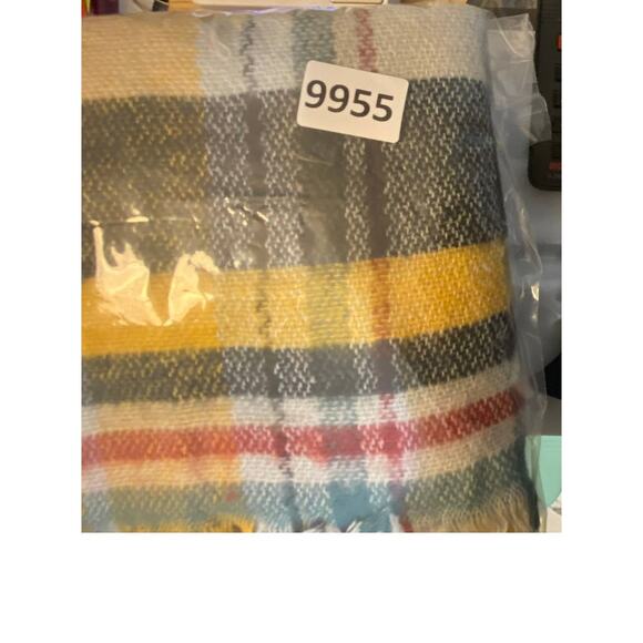 Funky Monkey 12" x 29" Infinity Scarf Yellow Gray Plaid Fringe - Picture 5 of 5